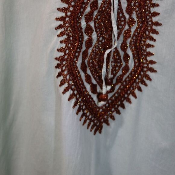 Soft Surroundings Light Blue Blouse with Brown Detailing Boho Hippie Embroidered - Picture 3 of 15